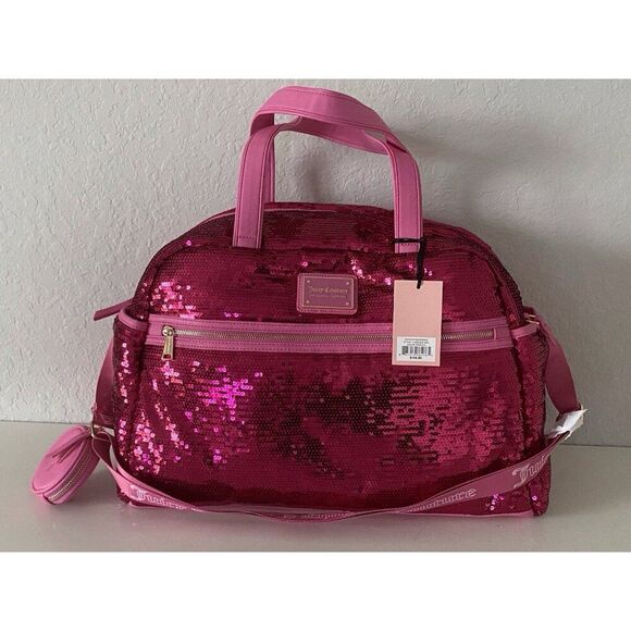 Juicy Couture Puffed Up Hot Pink Weekender Duffel Bag Sequin Pockets NEW - Picture 1 of 14